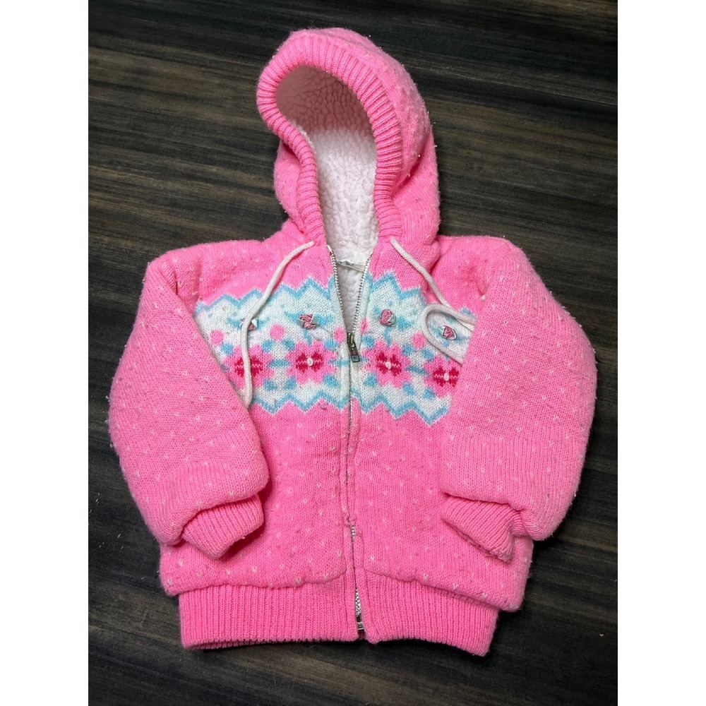 A Fun Tots Original Pink Sweater Jacket Hooded Fair Isle Zip Up Size 18 months